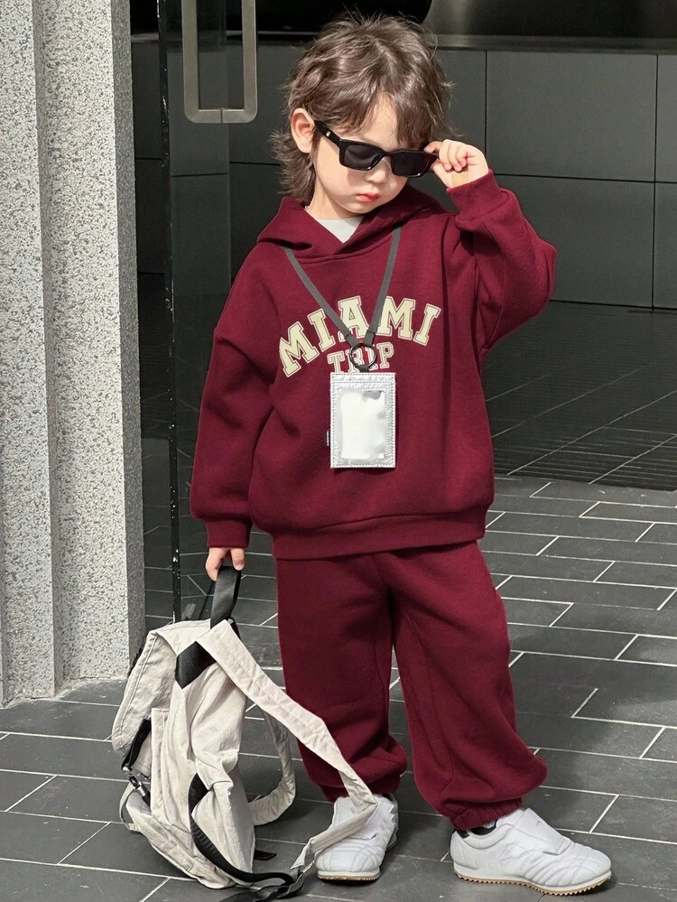 Kids Fall Clothes Young Boys Fleece Sweatshirt Set, Casual Loose Fit Letter Print Street Style, Autumn