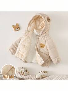 Loomiva 女婴/男婴卡通熊刺绣贴片装饰连帽夹克带耳朵装饰，加厚绗缝宽松防风休闲外套