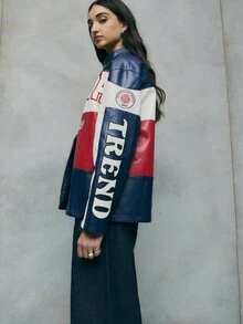 TypaGal The Graphic Moto Jacket Features Bold Stripes And Patches, Making It A Statement For Fall Tops Women, Winter Jacket Wardrobes, And Business Casual - Multicolor - View 2