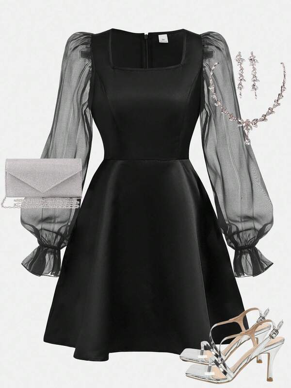 Girlism Teen Girls Mesh Puff Sleeve A-Line Dress, Elegant Vintage Minimalist Women Dress Black Dress Puff Sleeve Dress Long Sleeve Dress Sheer Sleeve Dress,Spring/Autumn/Christmas,Holiday/Famliy Day/Happy New Year Long Sleeve Black Dress Women Puff Sleeve Dress Teenage Black Dress