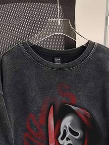 SHEIN EZwear 女款黑色针织超大版型T恤，饰有万圣节骷髅图案 - 彩色 - 查看 4