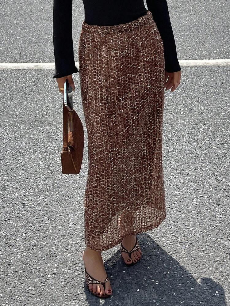 Elegant Brown Straight Skirt, Casual & Formal Wear, Sparkling Sequins Decor, Suitable For Party, Wedding, Banquet, Spring/Autumn New Years
