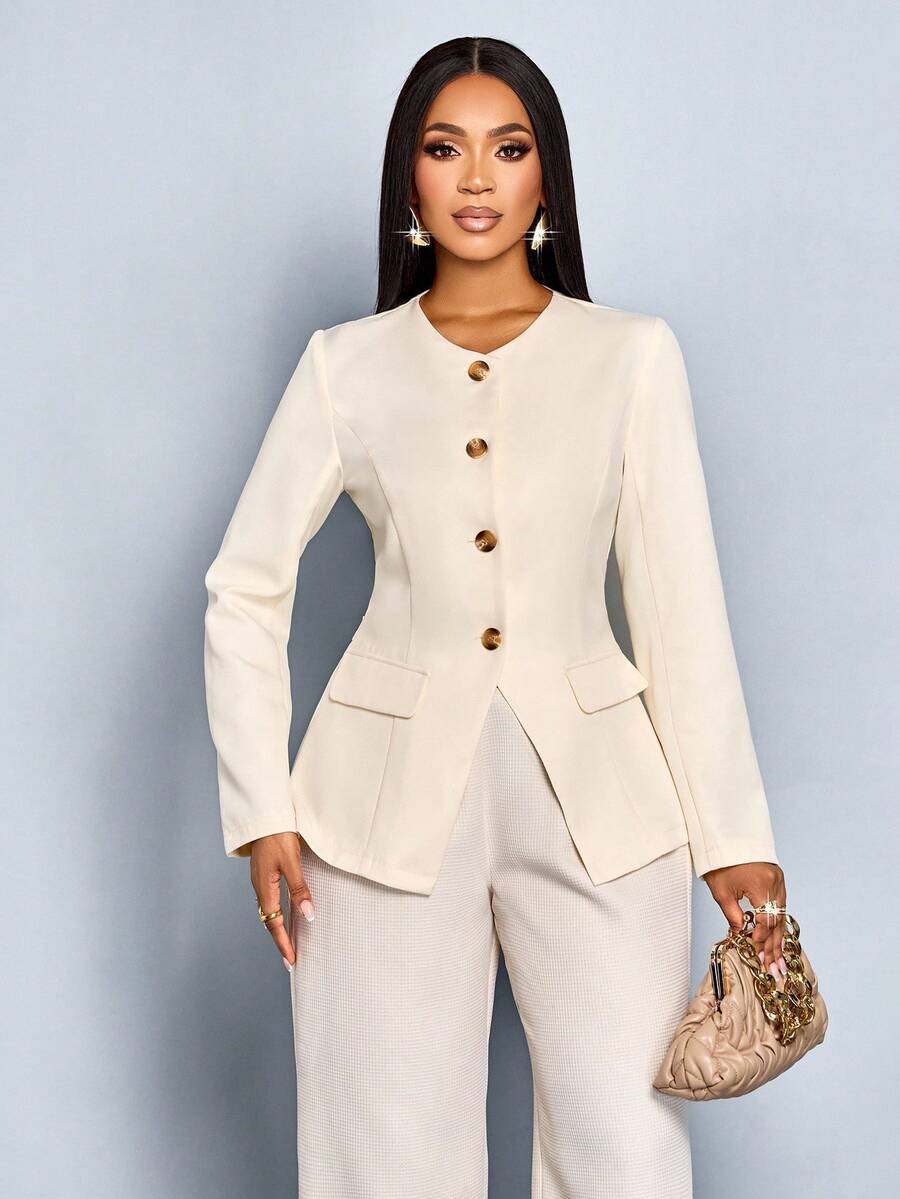 SOLERSUN Women's Solid Color Minimalist Casual Elegant Commuting Long Sleeve Blazer Winter Women Clothes Thanksgiving Women Teachers Fall Cloth For Women - Apricot - View 1