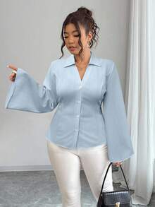 Elenzga 大码女式休闲通勤纯色 V 领单排扣喇叭袖修身衬衫，春秋季 - 藍色 - 查看 3