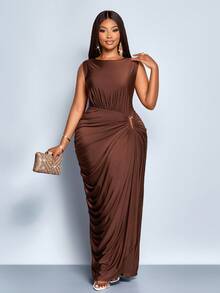 SOLERSUN 女式加大码优雅纯色褶皱镂空时尚金属环扣小众设计褶皱开衩无袖长款连衣裙秋冬装、休闲装、派对装、伴娘装、万圣节装、圣诞节装、除夕装、节日装、茧型裹身裙、毕业礼服、优雅女士连衣裙、女士秋季服装、女士冬季连衣裙、新年造型、舞会礼服、棕色连衣裙 - 咖啡棕 - 查看 4