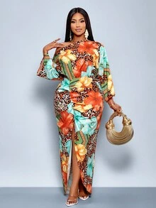 SOLERSUN 大码女式秋冬时尚优雅长袖斜肩露肩前高叉腰长裙，多色花朵豹纹印花，适合度假、工作、婚礼、节日、夏季（图案随机） - 橘色 - 查看 5