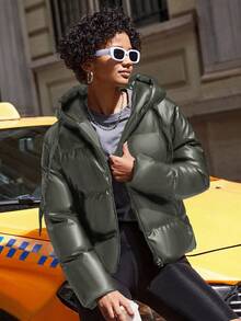 SHEIN Cottnline Zip Up Drawstring Hooded PU Leather Puffer Coat - Green - View 1