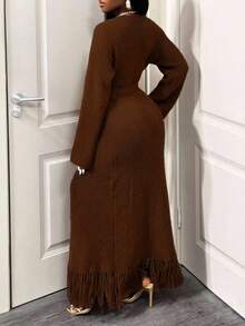 BamGleam 女士毛衣连衣裙开衫针织长袖黄色流苏吊带宽松开衩度假旅行派对女装春秋款冬夏款 - 卡其色 - 查看 2