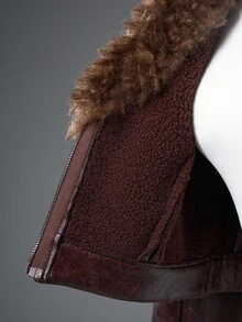 Bloopia Retro American Mirage Sexy Lady Thời trang giản dị tối giản dành cho nữ cổ chữ V sâu, cổ lông giả, tay dài, áo khoác da PU có khóa kéo, thích hợp cho mùa thu/đông và Halloween - màu nâu - Xem 7