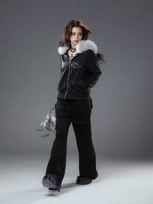 Bloopia韩国街头亚文化休闲时尚个性焕新女装秋冬万圣节新款星星水钻拼接宽松拉链连帽外套 - 黑色 - 查看 7