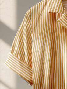 Franclia Fashionable Casual Everyday Versatile Hem Tie Bow Yellow Striped Waist Cinched Waist Slim Women's Shirt Women's Summer New Clothing