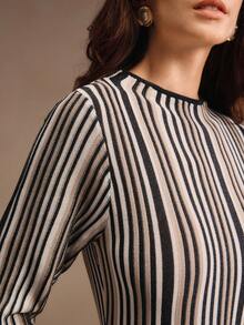 Women's Knitted Colorblock Ribbed Layered Dress - Black and White - View 6