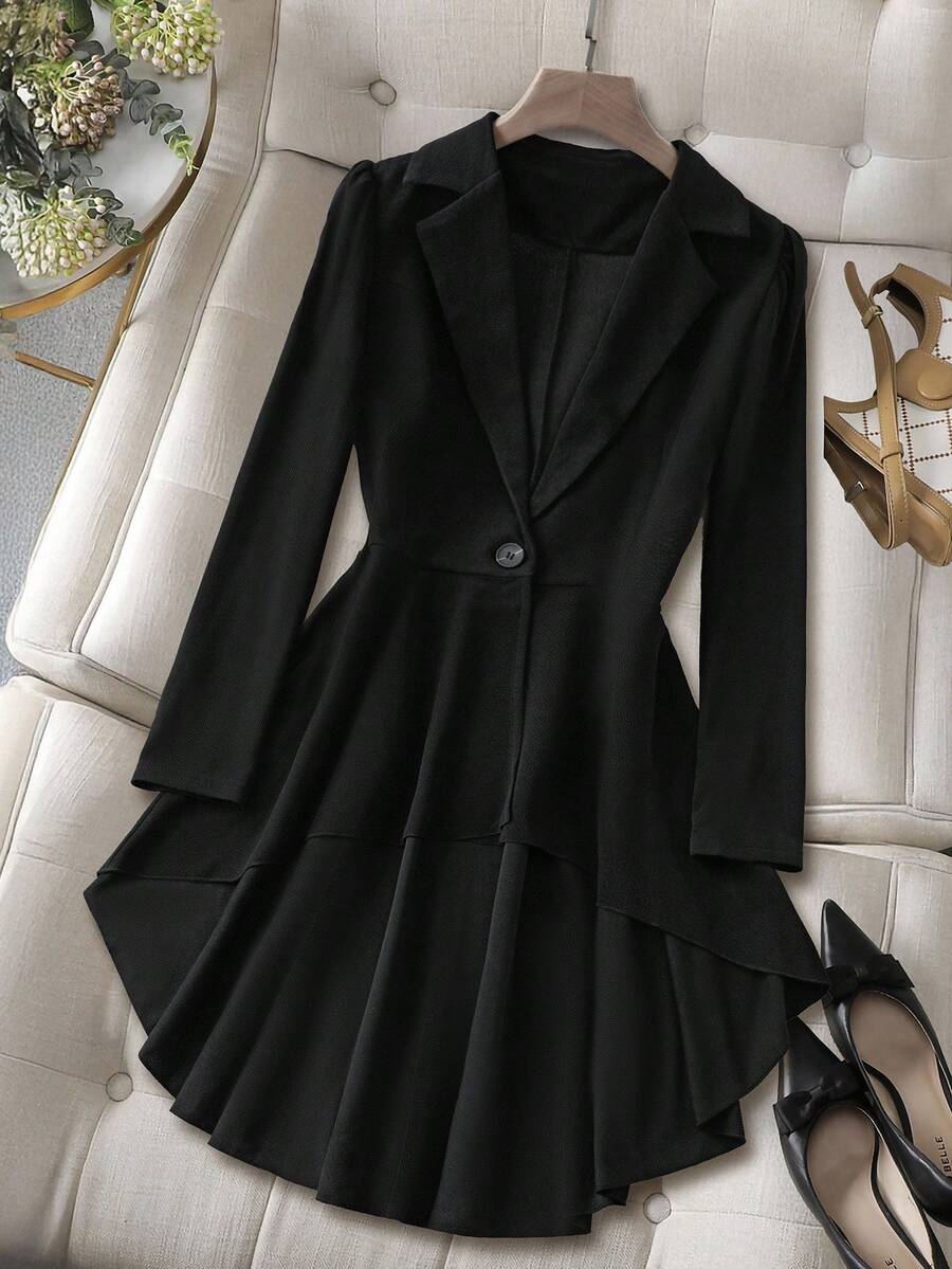 Franclia Women's Solid Color Lapel NeckPuff Sleeve Ruffle Hem Elegant Blazer Jacket, Autumn - Black - View 1