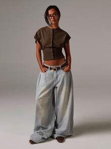 Athîral Women's Solid Color Single-Breasted Cropped Casual Knit Vest, Autumn,Fall,Brown Sweater - Brown - View 4