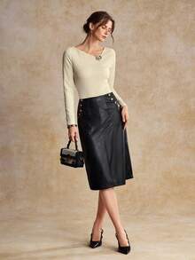 House of One Textured Knit Asymmetrical Neckline Fitted Top With Metal Flower Deco Women Autumn Elegant Wear