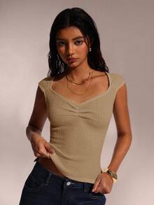 SHEIN Forever 21 Top de Verão para Férias na Praia, Feira do Renascimento, Show Country, Estilo Y2K, Formatura, Saída, Festival de Música, Aeroporto, Páscoa, Boho, Dia das Mães, Formatura, Igreja, Mulheres, Decote Coração, Caqui