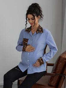 Momance Chemise de maternité à manches longues, col chemise, fermeture à boutons devant, patchwork léopard et rayé