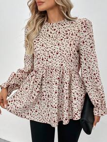 SHEIN LUNE 立领荷叶边泡泡袖 A 字休闲通勤优雅户外浪漫度假碎花长袖女式衬衫，秋冬长袖碎花上衣红色碎花上衣女式碎花上衣碎花上衣女式长袖连衣裙 - 紅色 - 查看 3