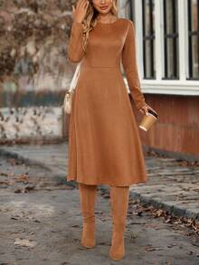 EMERY ROSE Vestido de manga larga con cintura para mujer, unicolor, marrón otoñal, vestido de invierno de Halloween - Marrón - Ver 5