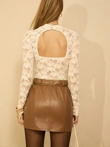 Aralina Women's Autumn/Winter Casual Boho PU High Waisted Mini Skirt With Tie Front Detail And Cute Pocket Details Perfect For Going Out Outfits And Date Night Outfits And Country Concert Outfits - Brown - View 2