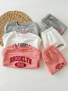 SHEIN 6件套女婴可爱字母印花长袖卫衣和松紧腰裤，秋冬 - 彩色 - 查看 5