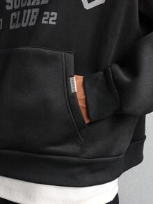 SUMWON Crop Fit Social Club Fleece Pullover Hoodie With Centre Pocket Varsity Design Logo Front Print Classic Hip Hop Streetwear Style Casual - Black - View 4