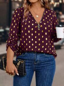 Áo sơ mi tay cuộn họa tiết chấm bi kim loại thời trang cỡ lớn - Màu Đỏ Sâu - Xem 1