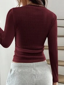 Almamuse ChicEase 女式甜美蕾丝边长袖 T 恤，修身款三扣休闲白色 T 恤上衣夏季 - 酒紅色 - 查看 2