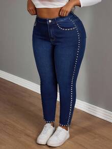Slaydiva Jeans azules de talla grande con estilo vaquero, cintura elástica y detalles de remaches laterales, para otoño e invierno - Azul lavado oscuro - Ver 5
