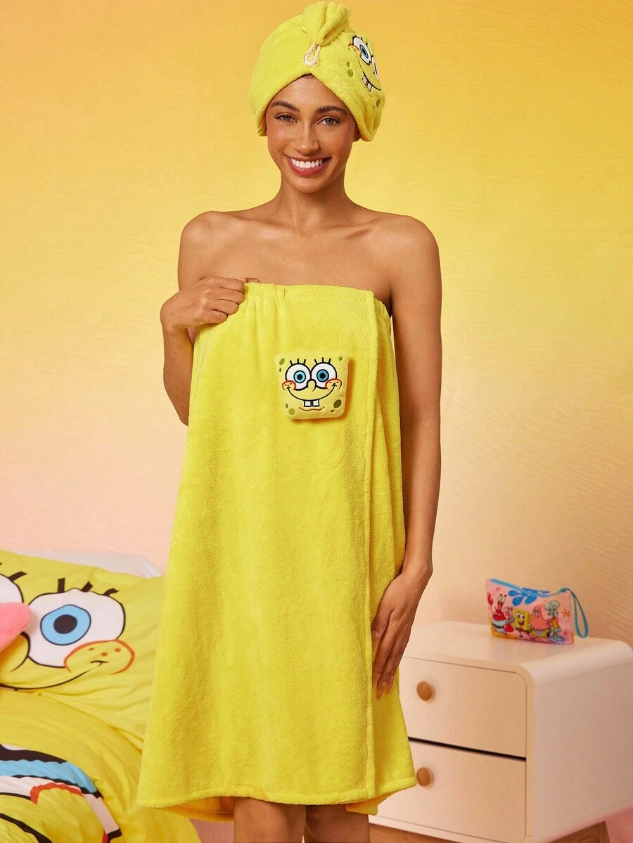 SpongeBob SquarePants | SHEIN 1 miếng khăn tắm siêu thấm, chất liệu thấm hút mềm mại, dây thun co giãn phù hợp với nhiều kích cỡ, dễ khô, có thể giặt bằng máy - Màu vàng - Xem 1