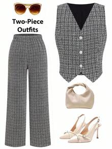 Ellevyn Completo di gilet e pantaloni a quadri monopetto da donna, adatto per insegnanti, pendolarismo e uso quotidiano - nero - Visualizzare 1