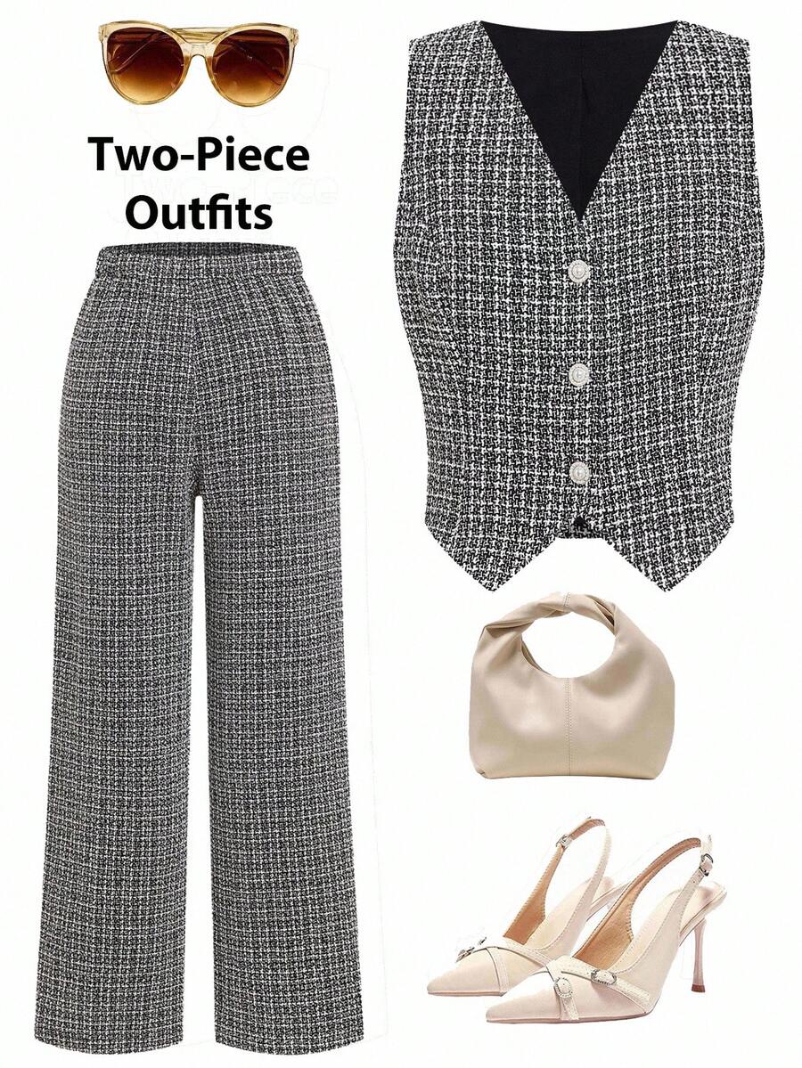 Ellevyn Completo di gilet e pantaloni a quadri monopetto da donna, adatto per insegnanti, pendolarismo e uso quotidiano - nero - Visualizzare 1