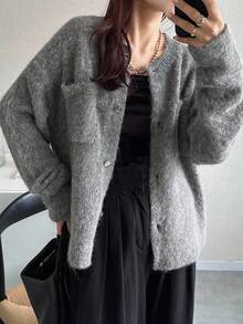 FRIFUL Women's Light Gray Round Neck Drop Shoulder Long Sleeve Pocket Decor Loose Casual Cardigan, Versatile For Autumn - Dark Grey - View 4