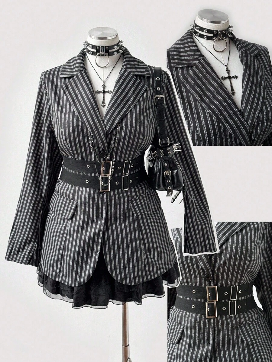 Sunspun Plus Size Women Striped Lapel NeckLong Sleeve Dark Casual Blazer Jacket, Autumn Fall Cloth For Women Winter