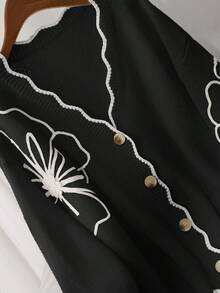 CosyJoli Cárdigan de mujer elegante y casual de talla grande con contraste de color y diseño floral 3D para otoño/invierno - Blanco y Negro - Ver 5