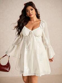 Elaquor Vestido de línea A con cuello de corazón y mangas farol, elegante y de talla grande, vestido para invitados de boda para mujeres - Albaricoque - Ver 4