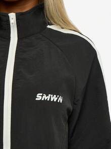 SUMWON WOMEN Women Windbreaker Track Jacket Full Zip Up White Stripe Running Light Weight Stand Collar Casual Outerwear Fall Spring Fashion Streetwear - Black - View 4