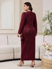 Modelyn 大码女式 V 领荷叶边长袖侧开衩下摆修身优雅闪光中长连衣裙 - 酒紅色 - 查看 2