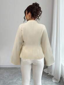 Elenzga 大码女式休闲通勤纯色 V 领单排扣喇叭袖修身衬衫，春秋季 - 杏色 - 查看 2