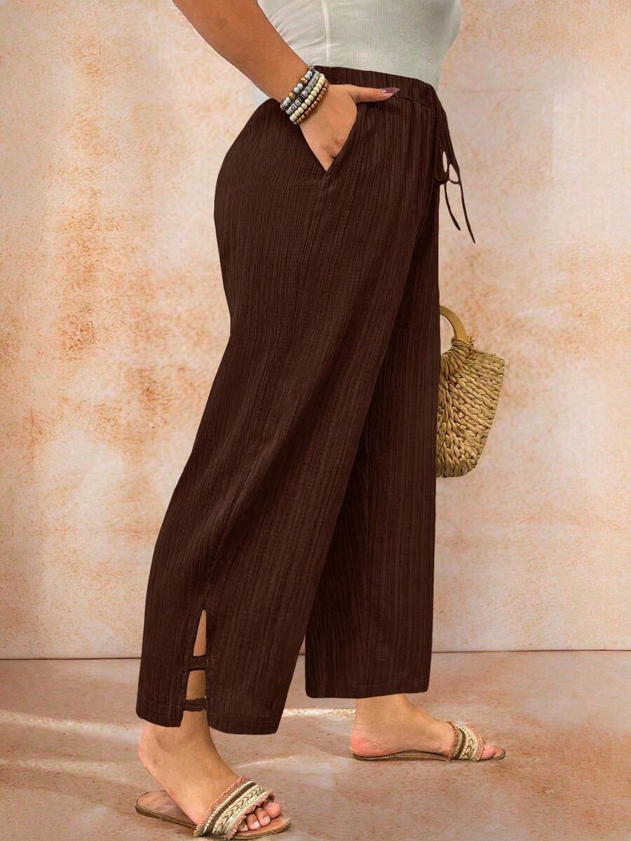 Breezaya Pantalones de mujer de talla grande de unicolor, textura casual y minimalista, de manga larga - Marrón - Ver 1