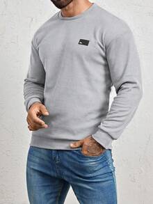 Manfinity Homme Loose Fit Men's Letter Patched Detail Sweatshirt, Fall Grey Sweatshirt, Long Sleeve Top - Light Grey - View 5