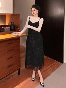 DAZY Women's Plaid Fabric Fringed Strap Maxi Elegant Dress Prom Dress