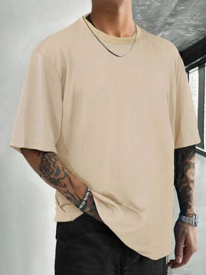 Manfinity Homme Men Solid Round Neck Drop Shoulder Tee For Summer