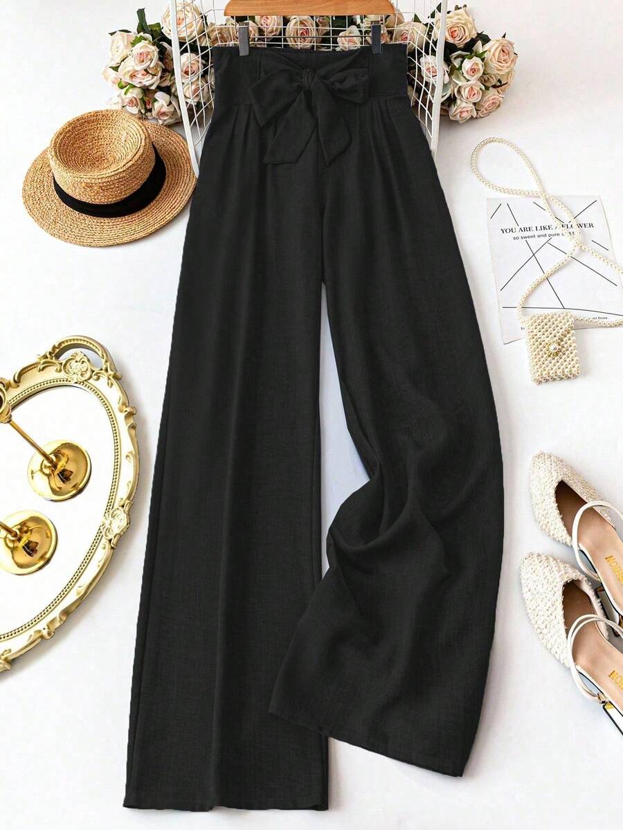 SHEIN CURVE+ Plus Size Women's Casual Bowknot Wide Leg Pants, Suitable For Daily Casual/Holiday Wear - Black - View 1