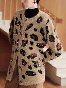 Uhlyne Uhlyne French Retro Leopard Print Embellished Studded Fluffy Knit Cardigan, For Spring And Autumn Fall Winter Elegant Casual Versatile Holiday Commute Daily , Small Round Neck Collar With Rhinestone Trim, Cuff With Rhinestone Trim, Leopard Jacquard Velvet Texture, Loose Fit, Old Money Style - Camel - View 4