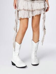 ROMWE Women's White Western Embroidered Cowboy Knee-High Boots, Low Heel Leather Motorcycle Boots, Women's Ankle Boots - White - View 2