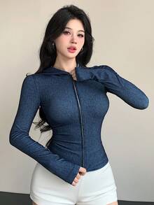 DAZY 女式合身连帽松紧前开休闲牛仔夹克 - 中等水洗藍 - 查看 3