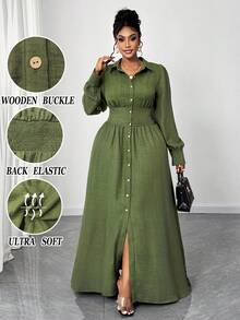 Maweii Đầm sơ mi thường ngày tay dài đơn hàng khuy cài eo màu trơn cỡ lớn cho nữ - màu xanh lá - Xem 1