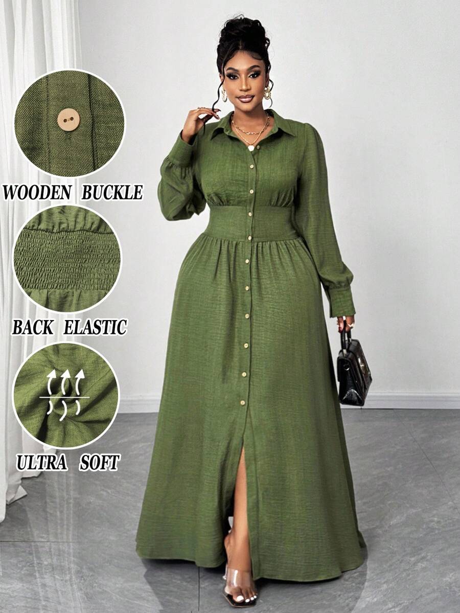 Maweii Đầm sơ mi thường ngày tay dài đơn hàng khuy cài eo màu trơn cỡ lớn cho nữ - màu xanh lá - Xem 1