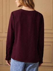 Écloséra Solid Notched Buttoned Cuff Blouse,Long Sleeve Tops Fall Cloth For Women - Burgundy - View 2